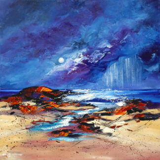 An abstract painting depicting a vibrant seascape with a moonlit sky, dynamic clouds, and a reflection on the water's surface. By Dronma